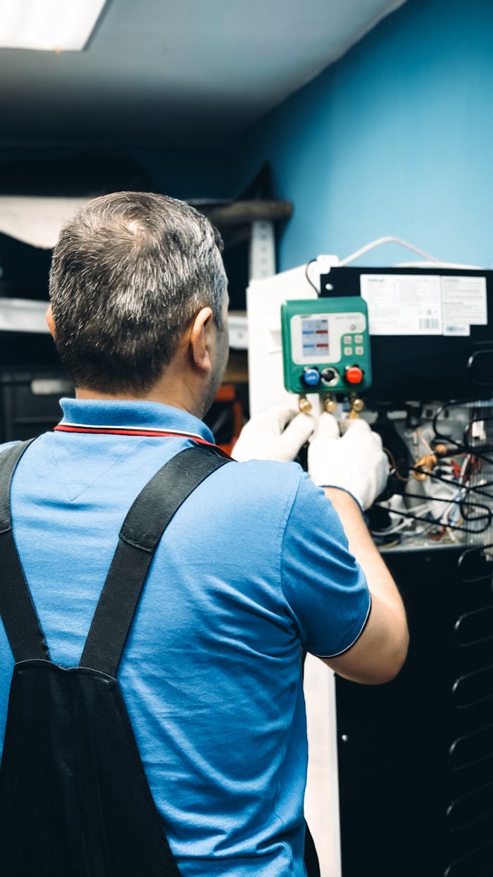 A skilled technician working on air conditioning system maintenance indoors.
